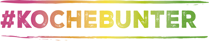 Das Bild zeigt den Hashtag #KOCHEBUNTER in kräftiger Schrift und Farbverlauf, passend zu FRoSTA-Tiefkühlprodukten, auf transparentem Grund.