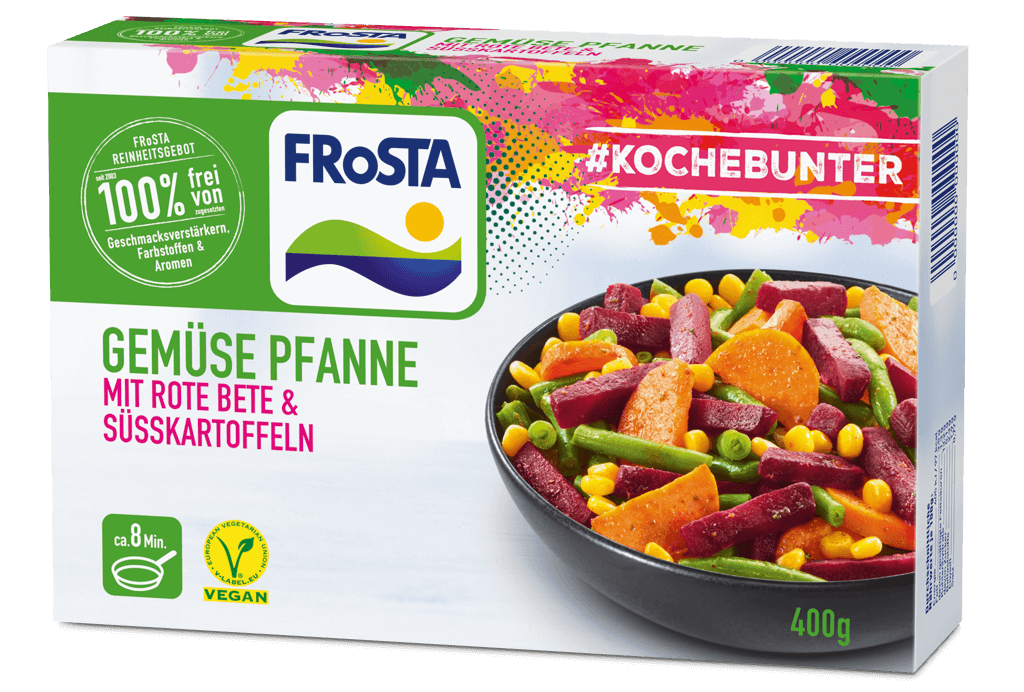 Bunte FRoSTA Gemüse Pfanne mit Rote Bete und Süßkartoffeln, auf der Verpackung mit Karotten, Bohnen, Mais und Erbsen abgebildet.
