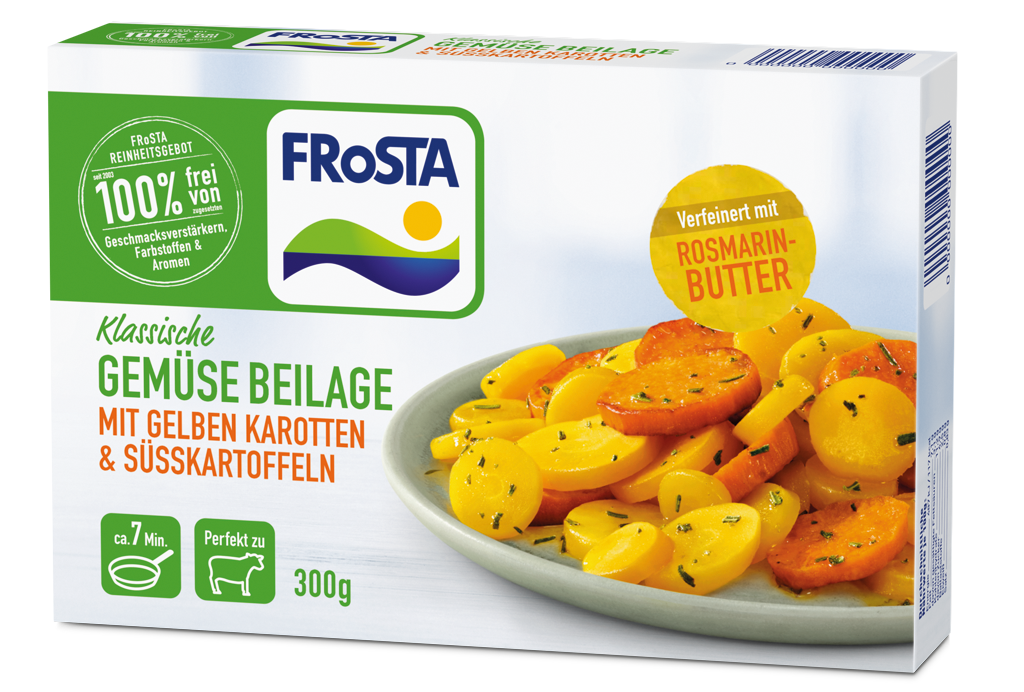 FRoSTA Klassische Gemüsebeilage mit grünem Spargel, gelber Karotte, Süßkartoffel, Kräutern & Rosmarinbutter – in 7 Minuten zubereitet.
