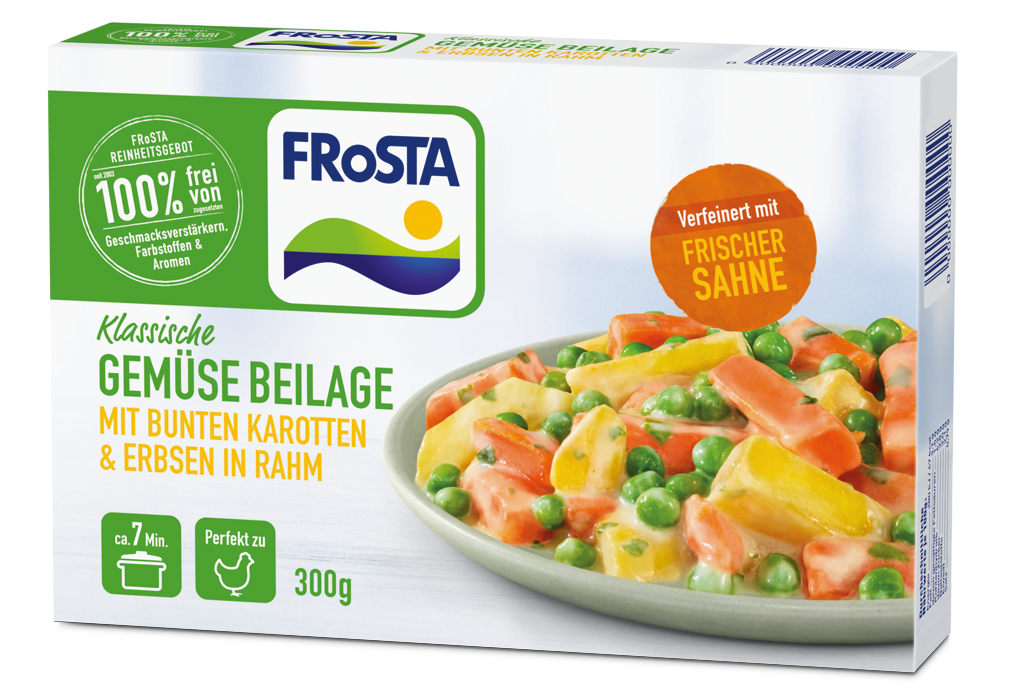 Eine Schachtel FRoSTA Klassische Gemüse Beilage: gemischtes Gemüse in Sahnesauce, mit frischen Zutaten – ohne Zusatzstoffe, wie alle FRoSTA Tiefkühlprodukte.