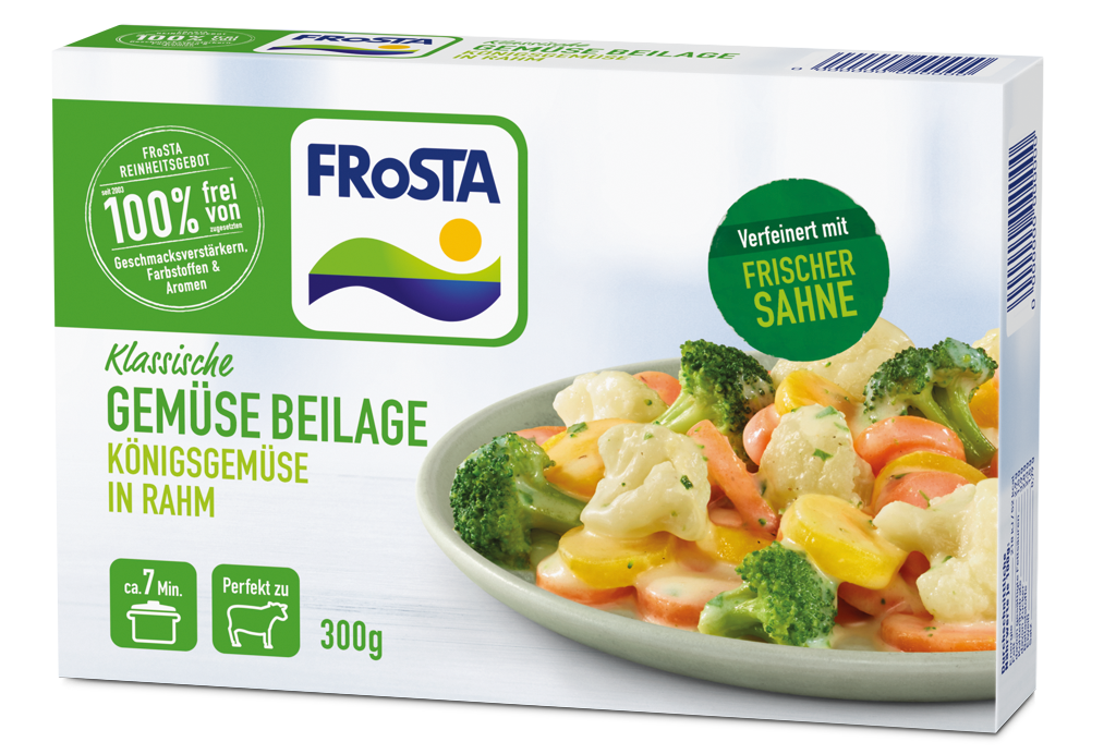 Eine Schachtel FRoSTA Klassische Gemüse Beilage Königsgemüse in Rahm, mit cremiger Sauce, 100 % natürlichen Zutaten, frischer Sahne und 300 g Gewicht.