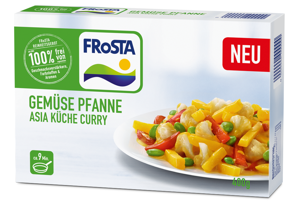 Eine Schachtel FRoSTA Gemüse Pfanne Asia Küche Curry mit buntem Gemüse in Currysauce, ohne Zusätze, 400g, mit rotem NEU-Aufdruck.