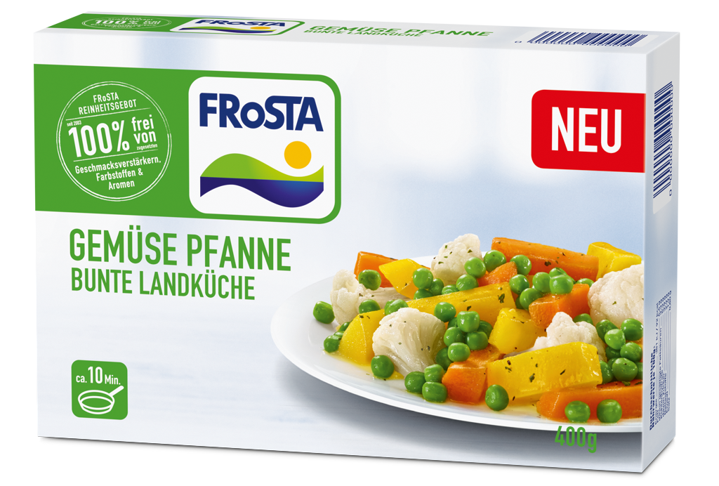 Eine Packung FRoSTA Gemüse Pfanne Bunte Landküche: Erbsen, Karotten, Blumenkohl—neu, in 10 Min. fertig. Ideal vor dem Produktfriedhof!.