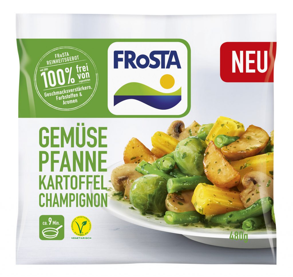 Eine Packung FRoSTA Gemüse Pfanne Kartoffel Champignon zeigt einen Gemüsemix mit Kartoffeln, Champignons, Sprossen & Bohnen – 100 % vegetarisch, ohne Zusatzstoffe.