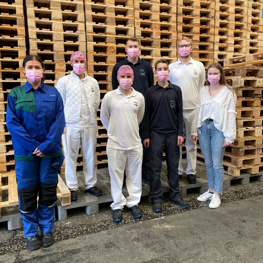 Sieben Menschen mit rosafarbenen Gesichtsmasken stehen zum Weltmädchentag in unterschiedlichen Uniformen vor Paletten und halten FRoSTA Tiefkühlprodukte in den Händen.