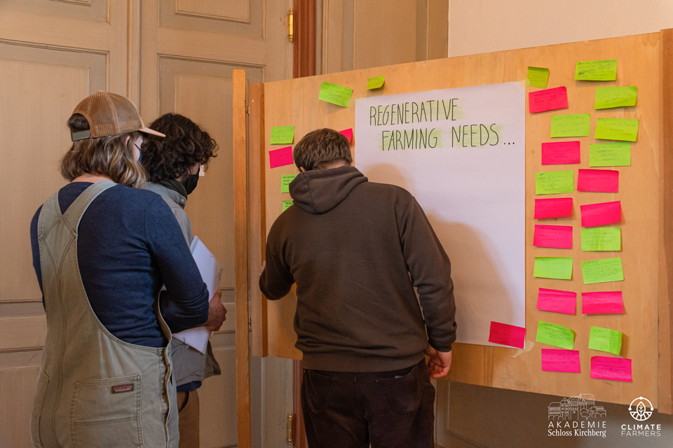 Drei Personen sammeln drinnen an einer Tafel Ideen für den CO2-Anbau. FRoSTA Tiefkühlprodukte und weitere Logos sind unten rechts sichtbar.