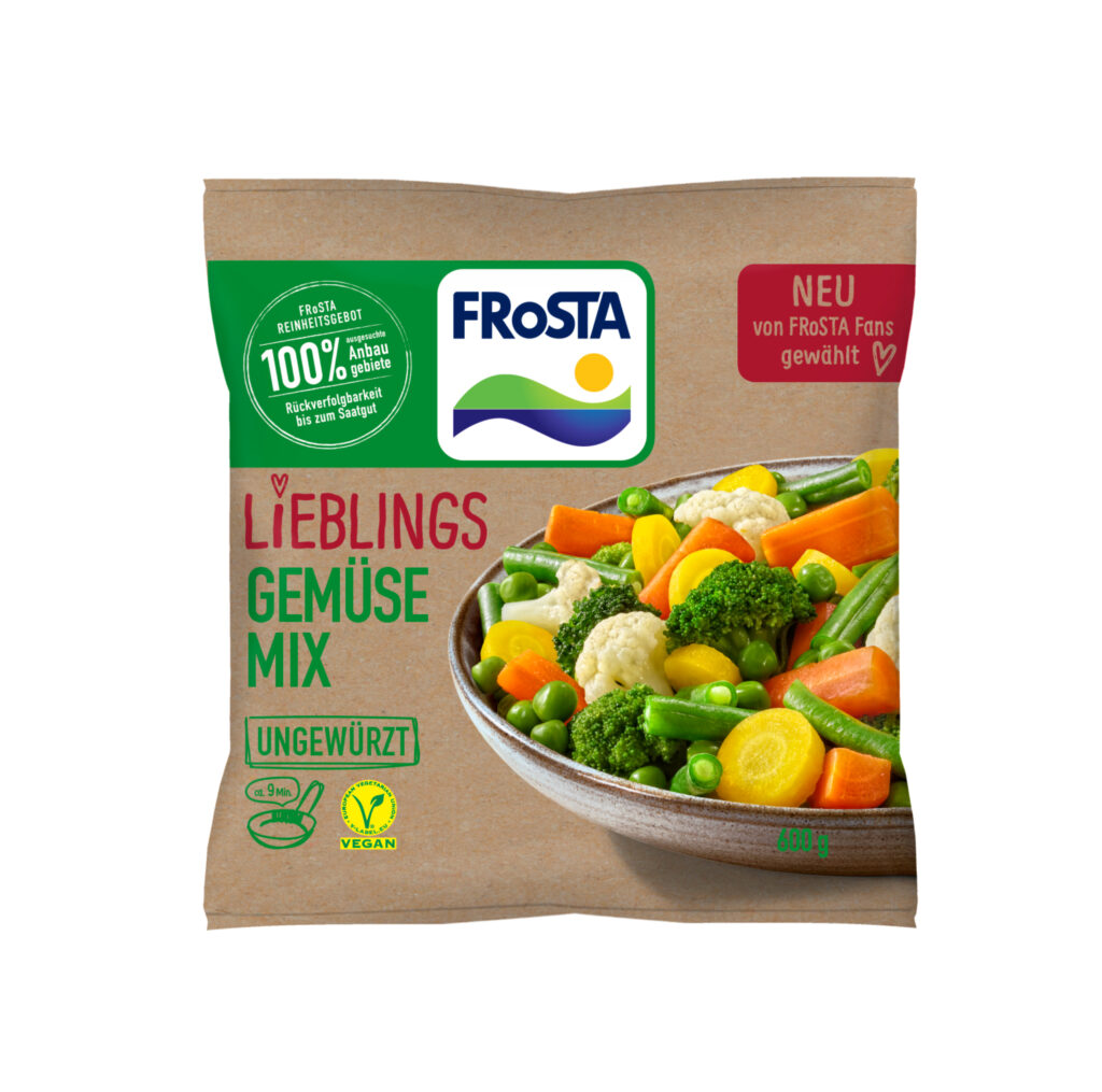Eine Packung FRoSTA Lieblings Gemüse Mix zeigt eine Schale mit Karotten, Brokkoli, Erbsen und Blumenkohl – vegan & 100% natürliche Zutaten.